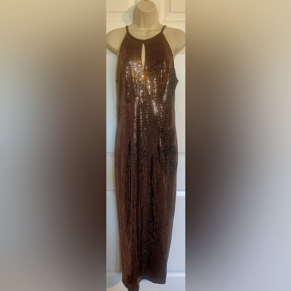 Lovely Grace Gold Sequin Keybole Halter Maxi Dress Gown Size Small